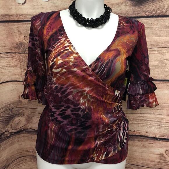 Karen Kane abstract print ruffled sleeve top - Picture 1 of 6